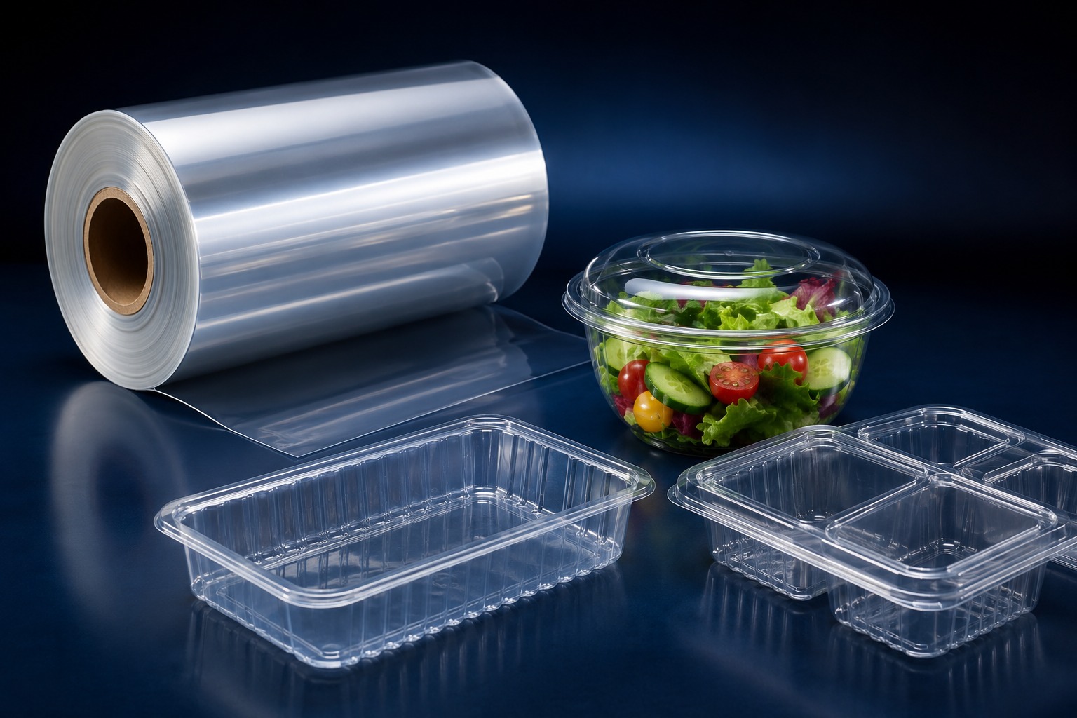 Transparente Lebensmittelverpackungen und Folienrolle